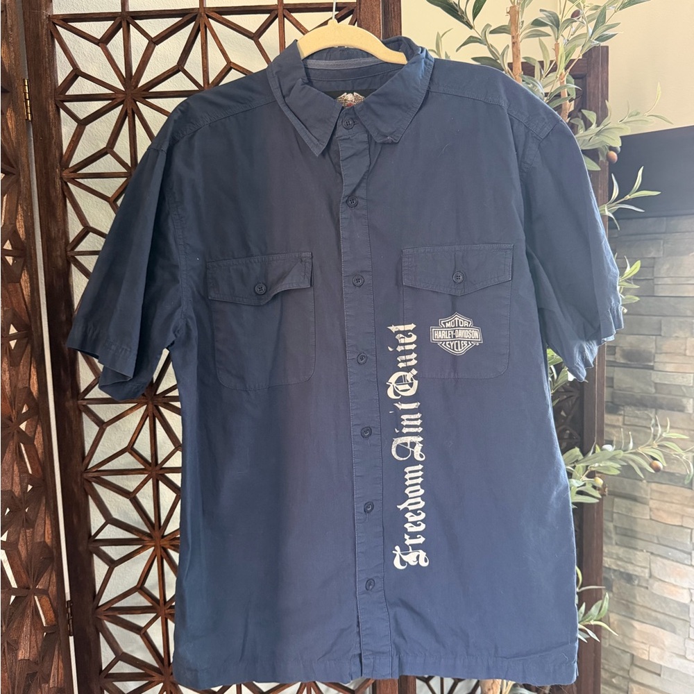 2010 Harley-Davidson Navy Short-Sleeve Button Down Shirt with White Script